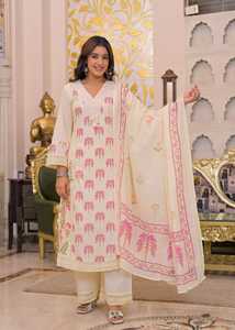 Conjunto de Kurta de Diseñador 60x60 de Algodón con Estampado de Palmeras, Corte Recto, Largo hasta el Suelo, Ajuste Holgado, Bordado de Espejo, Forro Completo, para Boda, Verano, Diwali - Product Image 2