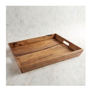 Premium Quality Modern Eco-Friendly Solid Natural Acacia Wooden <b>Serving</b> <b>Tray</b> <b>Black</b> Leather Handles Rectangular Decorative Design - Product Image 6
