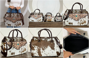 Premium Quality Large <b>Tooled</b> <b>Leather</b> Cowhide Speedy Bag Floral Carved with Turquoise Stone Cowgirl Travel Duffel Overnight Bags - Product Image 3