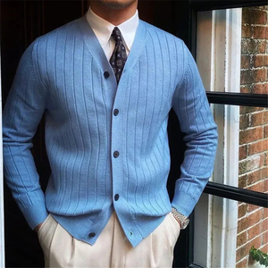 Cárdigan Casual de Negocios para Hombre con Cuello en V, Suéter de Punto de Color Sólido, Chaqueta de Punto Ajustada de Manga Larga para Hombre - Product Image 1