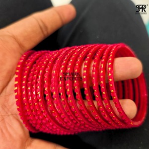 Elegant <b>Red</b> Velvet Glass Bangle Set Handmade Gold Dot Designer Bangles Traditional Fashion Jewelry for Women - Product Image 4