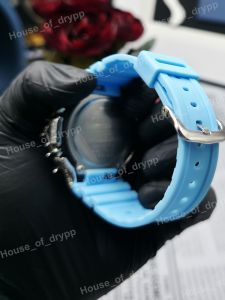 Montre de luxe sertie de diamants, bracelet en caoutchouc bleu, lunette en moissanite, affichage analogique-numérique, montre pour femme - Product Image 4