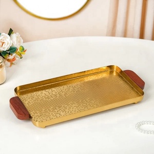 Elegant <b>Gold</b> Tray with Wooden Handles Stylish Decorative Design Perfect for Serving or Organizing Accessories - Product Image 1