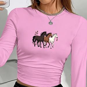 เสื้อเชิ้ตแขนยาวถักลาย Y2K สำหรับผู้หญิงลาย EQUESTRIAN พร้อมลายม้าสามตัว - Product Image 2