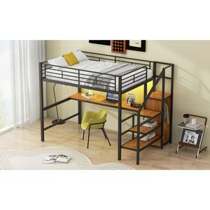 <b>Black</b> Full-Size Metal Loft <b>Bed</b> with LED Light Desk <b>Storage</b> Staircase Small Wardrobe - Product Image 6