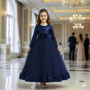 Vestido de Niña de Lujo con Lentejuelas Bordadas en Terciopelo Azul, Vestido de Princesa con Malla Suave para Bodas, Cumpleaños y Eventos - Product Image 1