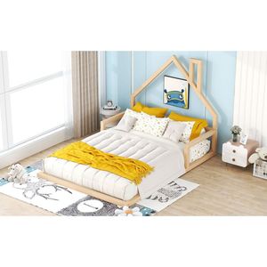 Letto in Legno Naturale a Grandezza Naturale per Bambini con Testiera a Forma di Casa - Product Image 4