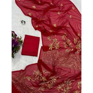 FANCY GEORGETTE EMBROIDERY SEQUENCE WORK SAREE WITH UNSTITCHED <b>BLOUSE</b> <b>RED</b> - Product Image 1