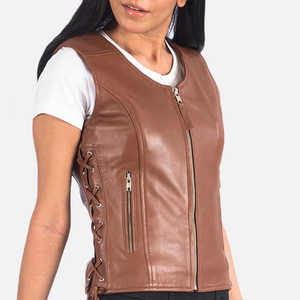 Chaleco de cuero sintético marrón para mujer, estilo motociclista, sin mangas, con cremallera frontal, cordones laterales, cuello redondo, proveedor OEM/ODM de cuero premium - Product Image 5
