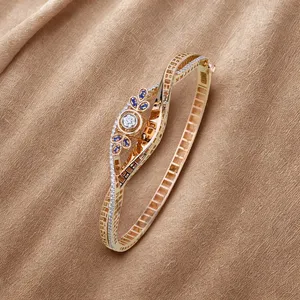 Floral motif with blue accents stylish womens jewellery lightweight designer <b>bracelet</b> ladies bangle featuring a curved - Product Image 3