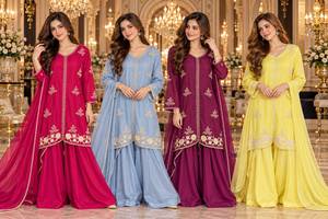 Embroidered Churidar Plazo Suit Chiffon Dupatta Traditional Dress <b>Wedding</b> Festival Wear Buttersilk Pure Stuff Handwork Wrinkle - Product Image 2