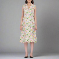 Robe mini plissée sans manches en coton floral lavable et écologique, col en V, légère et confortable pour l'été