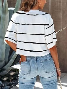 T-shirt court oversize élégant et tendance à rayures pour femme, coupe ample, en coton, idéal pour le sport, la gym, l'entraînement et les activités de plein air - Product Image 3