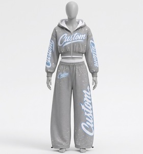 Survêtements en tissu 100% coton imprimés avec des motifs personnalisés, nouveau look vintage, sweat à capuche zippé court avec pantalon évasé, ensemble deux pièces - Product Image 2