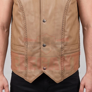 <span class=keywords><strong>Gilet</strong></span> in Pelle <span class=keywords><strong>Beige</strong></span> da <span class=keywords><strong>Uomo</strong></span> OEM ODM con Finiture Intrecciate Decorative Laterali, Bottoni a Pressione Metallici, Scollo a V e Tasche Angolate - Product Image 6