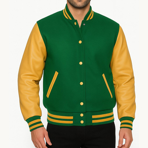 Veste universitaire pour homme en vert et jaune avec manches en cuir PU, couleur unie, fermeture à boutons, style décontracté, coupe classique, pour l'automne - Product Image 1