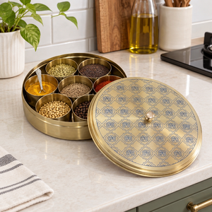 Boîte de rangement à épices en laiton gravée par un designer, Masala Dabba avec cuillère pour hôtel, restaurant, cuisine, conteneur de rangement - Product Image 2