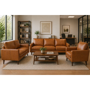 Office <b>Sofa</b> Set 3 Seater for Waiting Area Cognac Leather Modern Reception Lounge Furniture Commercial Use - Product Image 2
