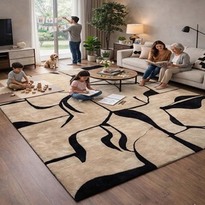 Contemporary Luxury Abstract Area Rug Black Beige Wool Modern Hand Tufted Carpet Stylish Rug Living Room Bedroom <b>Floor</b> Decor Rug - Product Image 3