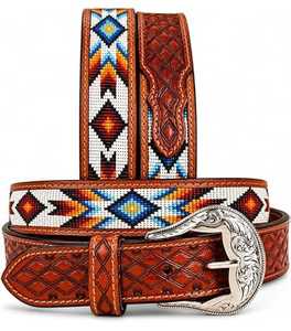 Ceinture en cuir brodée style western avec motif floral, boucle ardillon en alliage, unisexe, design ethnique décontracté, ceinture en cuir robuste, expédition immédiate - Product Image 1