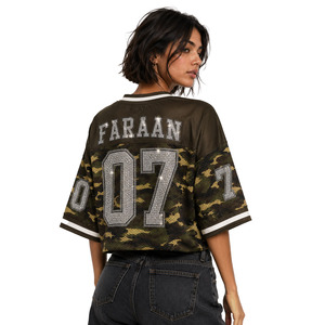 Women Camouflage Custom Print Crystal <b>Rhinestone</b> Cropped American Football Jersey Boxy Fit Sparkling Vintage Camo Crop <b>Mesh</b> <b>Top</b> - Product Image 3