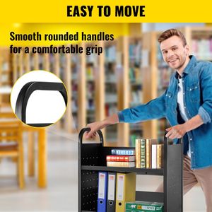 Carrito de libros de un solo lado de 200 libras, ruedas bloqueables de 4 pulgadas, carrito de biblioteca rodante de 30x14x49 pulgadas, en forma de estantes inclinados V, almacenamiento negro - Product Image 6