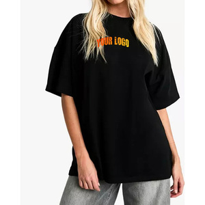 Camiseta de Manga Corta para Mujer, Cuello Redondo, Negra, Talla Grande, Color Sólido, Algodón Jersey, Corte Holgado, Logotipo Estampado, para Todas las Temporadas - Product Image 4