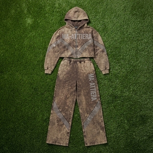 Conjunto de chándal de dos piezas para mujer: Sudadera con capucha corta con cremallera y panel de pedrería con lavado ácido y pantalones de chándal de pierna ancha - Product Image 6