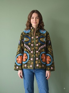 <b>Velvet</b> Embroidered Floral Quilted <b>Jacket</b> Handmade Boho Prairie Chic Spread Collar Full Sleeve Breathable Eco-Friendly Cotton - Product Image 3