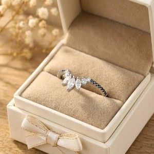 Cluster <b>Proposal</b> <b>Ring</b> Chevron Stacking <b>Ring</b> IGI Certified 10K 14K 18K Solid Gold Marquise & Round Black Lab Diamond Curved <b>Ring</b> - Product Image 1