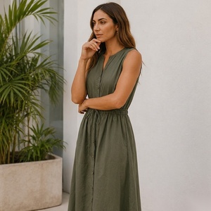 Sleeveless V-Neck Midi <b>Dress</b> With Drawstring Waist And Button Front Casual A-Line Cotton <b>Dress</b> For Summer Daily Wear - Product Image 6