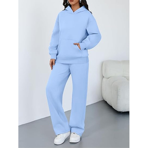 Ensemble sweat-shirt à capuche en spandex bleu clair uni pour femme, pantalon ample en molleton à jambes larges, tenue décontractée pour toutes les saisons, ensemble 2 pièces - Product Image 3