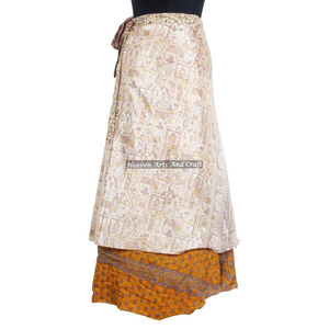Fancy Reversible Silk Long <b>Wrap</b> <b>Skirt</b> 2 Layer Reversible Magic Silk Saris <b>Wrap</b> Long <b>Skirt</b> Silk Fabric Printed Beige Magic <b>Wrap</b> - Product Image 4