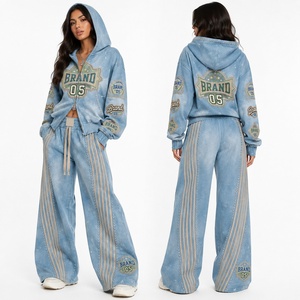 Ensemble de survêtement deux pièces personnalisé à capuche pour femmes et hommes, style streetwear décontracté, sweat à capuche court zippé et pantalon large unisexe - Product Image 4