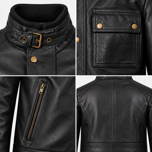 Veste de moto en cuir véritable noir pour homme avec col à boucle, boutons-pression, poches sur la poitrine et poches latérales zippées - Product Image 5