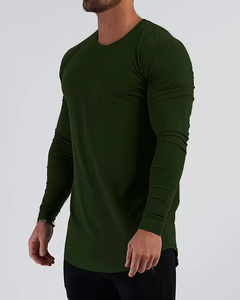 Customized 100% Cotton Men's Long Sleeve Knitted O Neck Solid Blank Tee Breathable Front Logo 180g Casual Wear Regular Fit Plain - Product Image 4