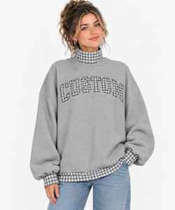 Sudadera Oversize Rosa de Forro Polar para Mujer con Cuello Alto a Cuadros y Puños y Dobladillo, Ropa Personalizada de Marca Privada - Product Image 5