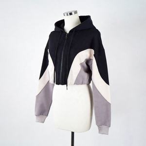 Women's <b>Cropped</b> Color Block <b>Zip</b> <b>Up</b> Hoodie Oversized Long Sleeve Fleece Hooded Sweatshirt Casual Streetwear Jacket - Product Image 6