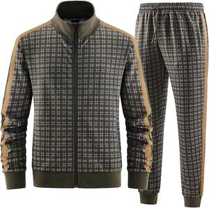 Conjunto Deportivo a Cuadros para Hombre con Franjas Laterales, Cierre de Cremallera, Cintura Elástica, Ropa Casual de Otoño - Product Image 2