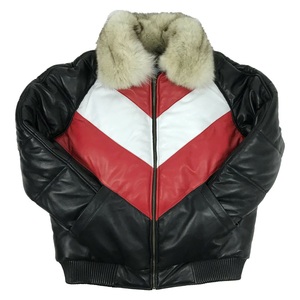 Men's <b>Black</b> <b>Red</b> White Color Blocking Leather Bomber <b>Jacket</b> with Fur Collar Zipper Closure Winter Warm Moto Style Leather <b>Jacket</b> - Product Image 1
