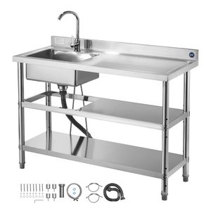 Lavello Commerciale Autoportante a Vasca Singola con Rubinetto da Cucina in Acciaio Inossidabile e Tubi per Acqua Calda e Fredda - Product Image 1