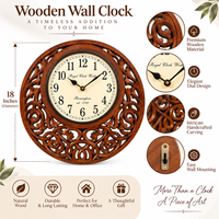 Jam Dinding Kayu Ukiran Tangan Analog Quartz 18 Inci Bulat Tradisional Dekoratif Ruang Tamu Jam Pernikahan