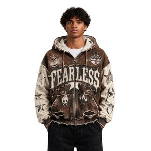 Custom Fearless Vintage Wash Cotton Fleece Brown Cream <b>Grunge</b> Graphic Relaxed Fit Pullover <b>Hoodies</b> <b>Grunge</b> Style <b>Hoodies</b> - Product Image 1