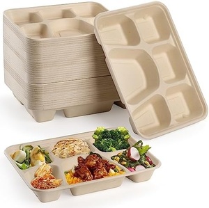 Assiettes jetables à 6 compartiments en bagasse pour pique-niques, camping et événements culinaires en plein air, idéales pour la livraison de repas en restaurant 2026 - Product Image 1
