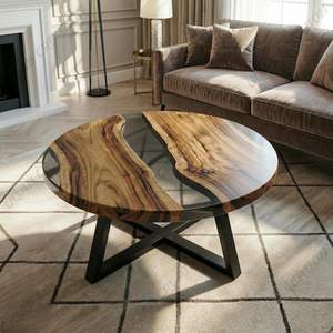 Table basse ronde en bois et résine moderne rustique, résine époxy noire transparente - Product Image 1