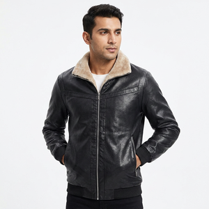 Blouson en cuir polaire pour homme, col montant, en cuir véritable, style motard, épaisseur standard, avec logo frontal, pour l'automne - Product Image 6