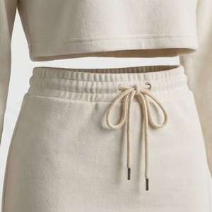 <b>Women's</b> 2 Piece Knitted Hoodie <b>Set</b> Cream Solid Color Casual Above Knee Skirt and Cropped Top Full Sleeve Regular Fit All Seasons - Product Image 5