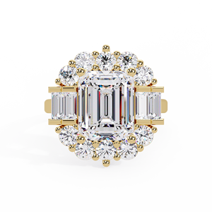 Art Deco Jewelry 14K Solid Gold Emerald Cut Lab Grown Diamond IGI Certified Round & Baguette Cluster Diamond Engagement <b>Rings</b> - Product Image 5