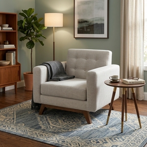 Sillón Moderno para Sala de Estar con Base de Madera de Teca Sólida, Tapizado en Tela Beige con Diseño Acolchado de Mediados de Siglo, Sillón Individual Decorativo - Product Image 3