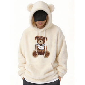 Felpa con Cappuccio da <span class=keywords><strong>Uomo</strong></span> in Pile Doppio Strato con Ricamo Orso Cartone Animato, Manica Lunga, 100% Poliestere, Calda, Casual Autunnale, ODM - Product Image 1